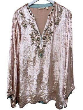 Soft Surroundings Velvet Top Womens Plus Size 2X Pink Blush Beaded Boho Top